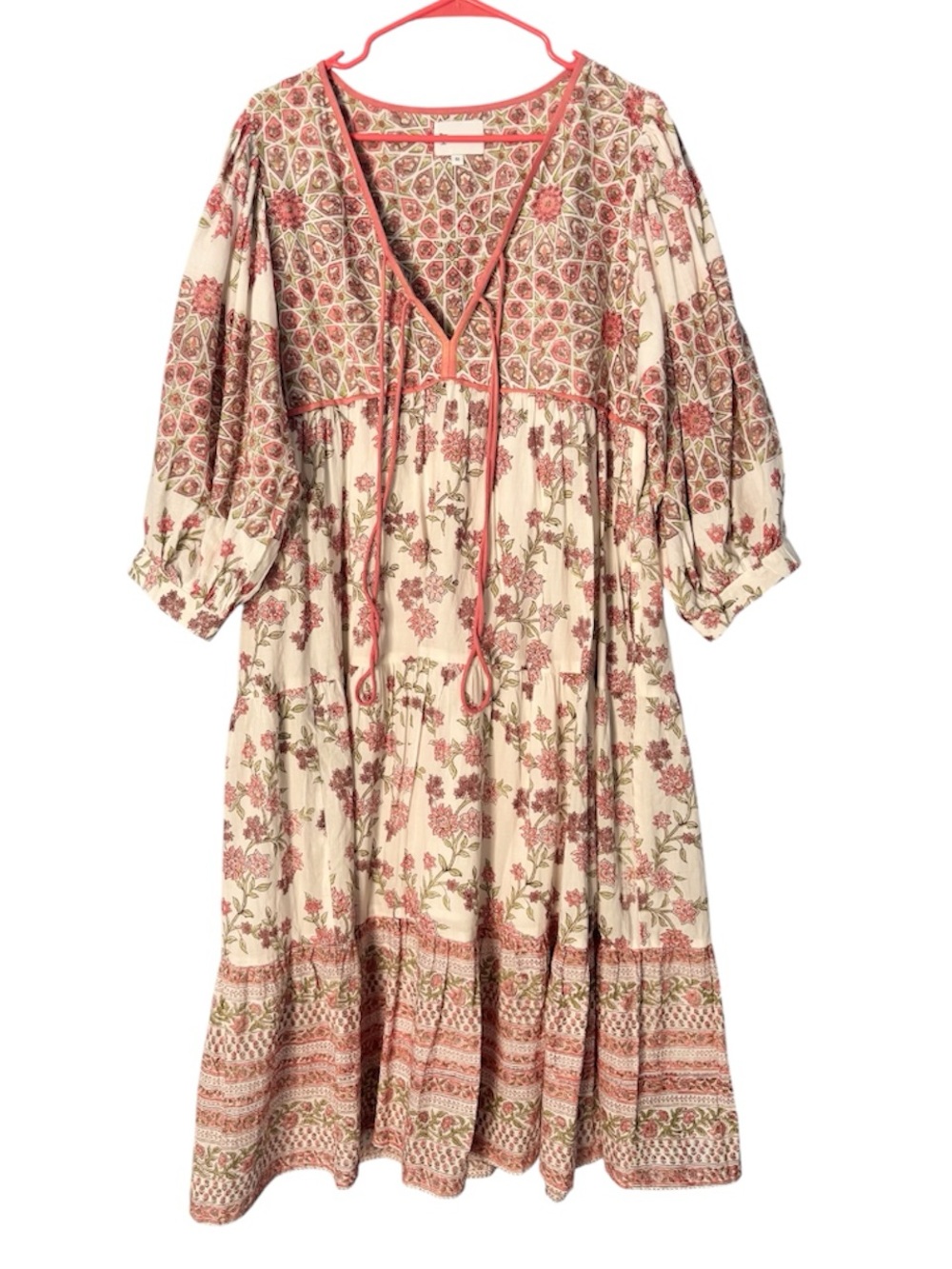 Islapayal Bohemian Floral Midi Dress in Cream and Rust Puff Sleeve